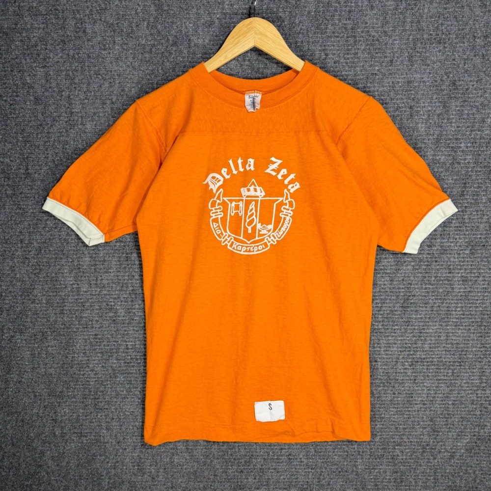Vintage 70s Delta Zeta Sorority Ringer Baby Tee Orange Signal Small Desirees Big